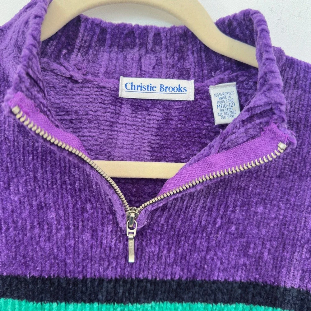 Vintage 90s Chenille Sweater Cropped Quarter Zip Purple Green Stripe Womens XS